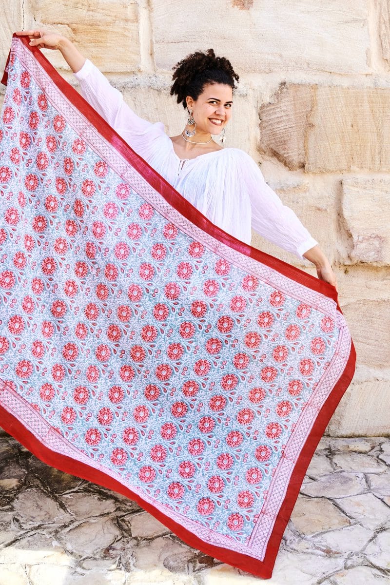Sarong, 100% Cotton, hand block print. In watermelon pink & soft grey - Floria