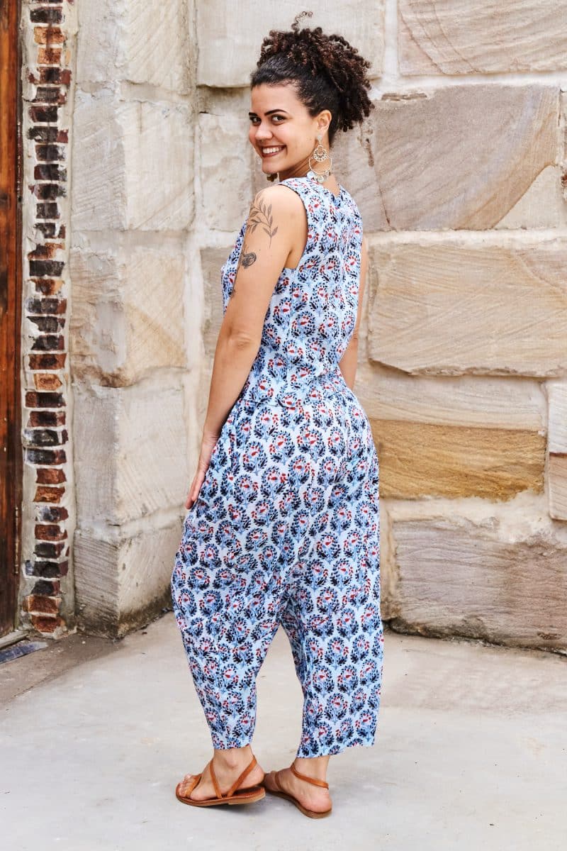 Womens Tops & Pants, 100% Cotton, Hand Block Print, Summer. Lola top & Sol Pants in saphire blue with a pop of red - Saphira