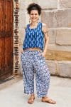 Womens Tops & Pants, 100% Cotton, Hand Block Print, Summer. Lola top in natural blue - Indigo Nivara & Sol Pants in saphire blue with a pop of red - Saphira