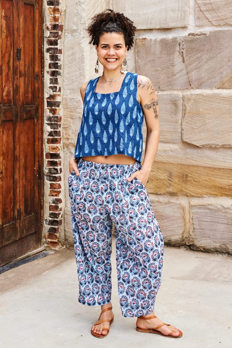 Womens Tops & Pants, 100% Cotton, Hand Block Print, Summer. Lola top in natural blue - Indigo Nivara & Sol Pants in saphire blue with a pop of red - Saphira