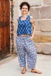 Womens Tops & Pants, 100% Cotton, Hand Block Print, Summer. Lola top in natural blue - Indigo Nivara & Sol Pants in saphire blue with a pop of red - Saphira