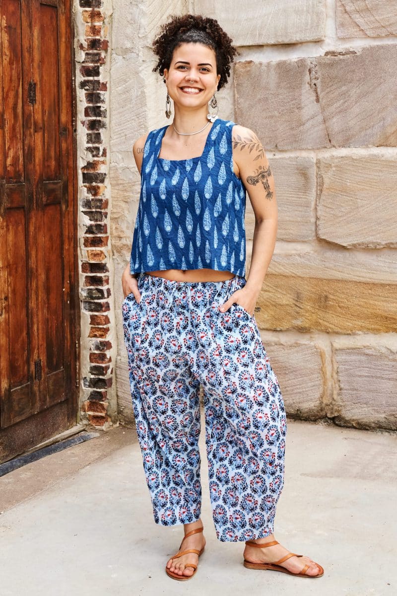 Womens Tops & Pants, 100% Cotton, Hand Block Print, Summer. Lola top in natural blue - Indigo Nivara & Sol Pants in saphire blue with a pop of red - Saphira