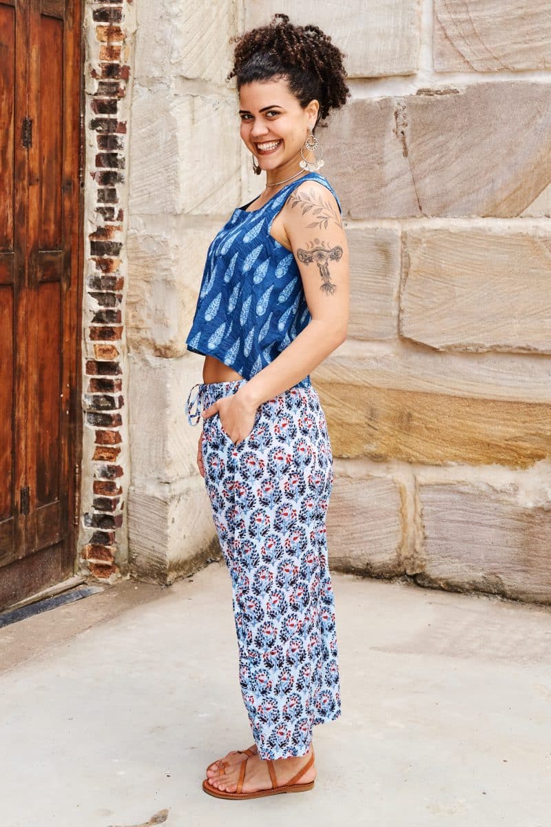 Womens Tops & Pants, 100% Cotton, Hand Block Print, Summer. Lola top in natural blue - Indigo Nivara & Sol Pants in saphire blue with a pop of red - Saphira
