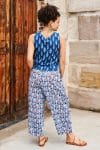 Womens Tops & Pants, 100% Cotton, Hand Block Print, Summer. Lola top in natural blue - Indigo Nivara & Sol Pants in saphire blue with a pop of red - Saphira
