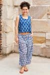 Womens Tops & Pants, 100% Cotton, Hand Block Print, Summer. Lola top in natural blue - Indigo Nivara & Sol Pants in saphire blue with a pop of red - Saphira