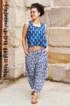 Womens Tops & Pants, 100% Cotton, Hand Block Print, Summer. Lola top in natural blue - Indigo Nivara & Sol Pants in saphire blue with a pop of red - Saphira