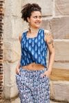 Womens Tops & Pants, 100% Cotton, Hand Block Print, Summer. Lola top in natural blue - Indigo Nivara & Sol Pants in saphire blue with a pop of red - Saphira