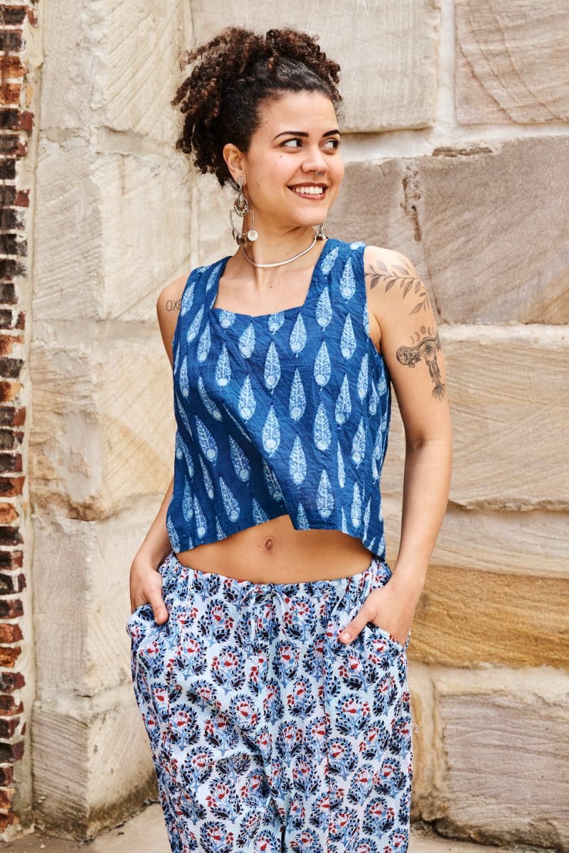 Womens Tops & Pants, 100% Cotton, Hand Block Print, Summer. Lola top in natural blue - Indigo Nivara & Sol Pants in saphire blue with a pop of red - Saphira