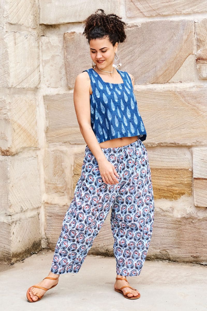 Womens Tops & Pants, 100% Cotton, Hand Block Print, Summer. Lola top in natural blue - Indigo Nivara & Sol Pants in saphire blue with a pop of red - Saphira