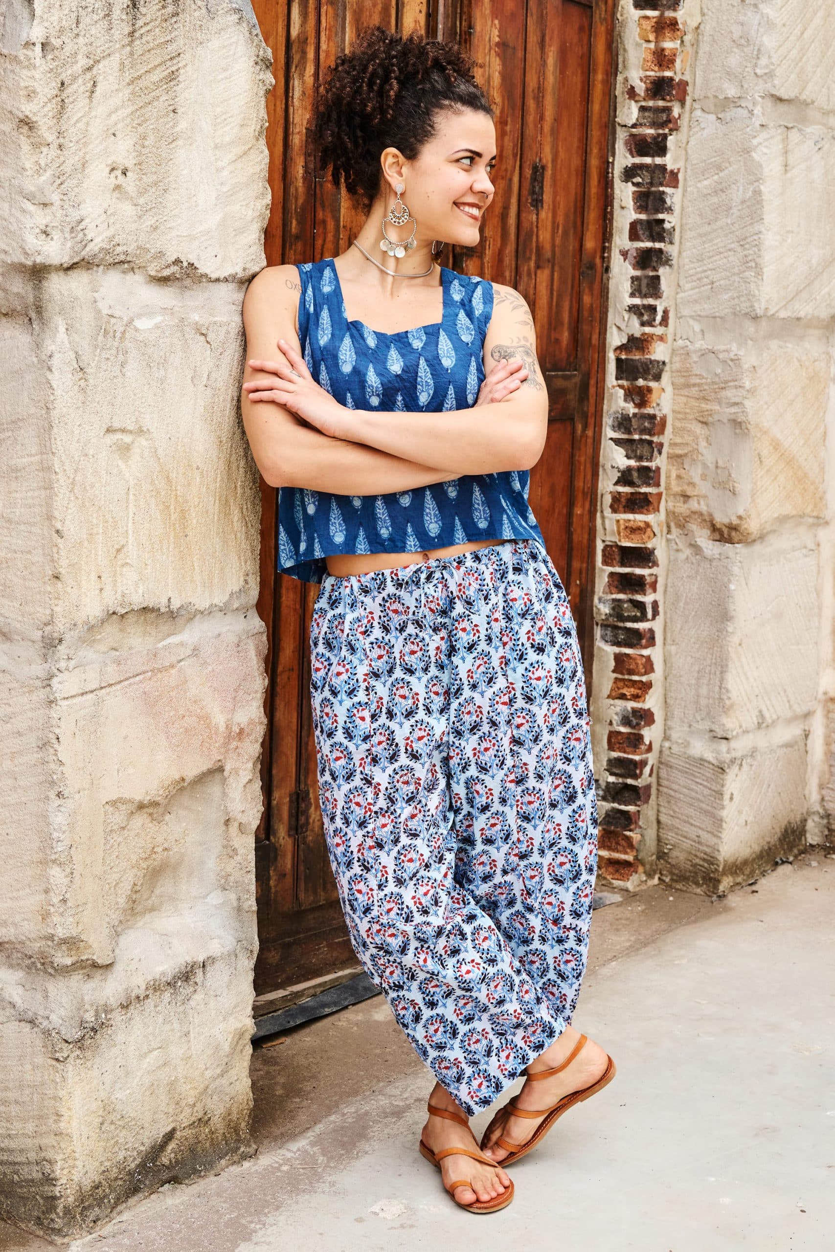 Womens Tops & Pants, 100% Cotton, Hand Block Print, Summer. Lola top in natural blue - Indigo Nivara & Sol Pants in saphire blue with a pop of red - Saphira