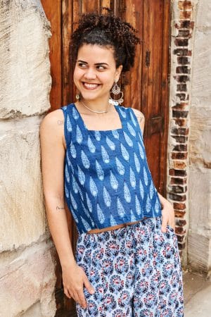 Womens Tops, 100% Cotton, Hand Block Print, Summer. Lola in natural blue - Indigo Nivara