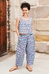 Womens Tops & Pants, 100% Cotton, Hand Block Print, Summer. Lola top & Sol Pants in saphire blue with a pop of red - Saphira