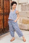 Womens Tops & Pants, 100% Cotton, Hand Block Print, Summer. Lola top & Sol Pants in saphire blue with a pop of red - Saphira