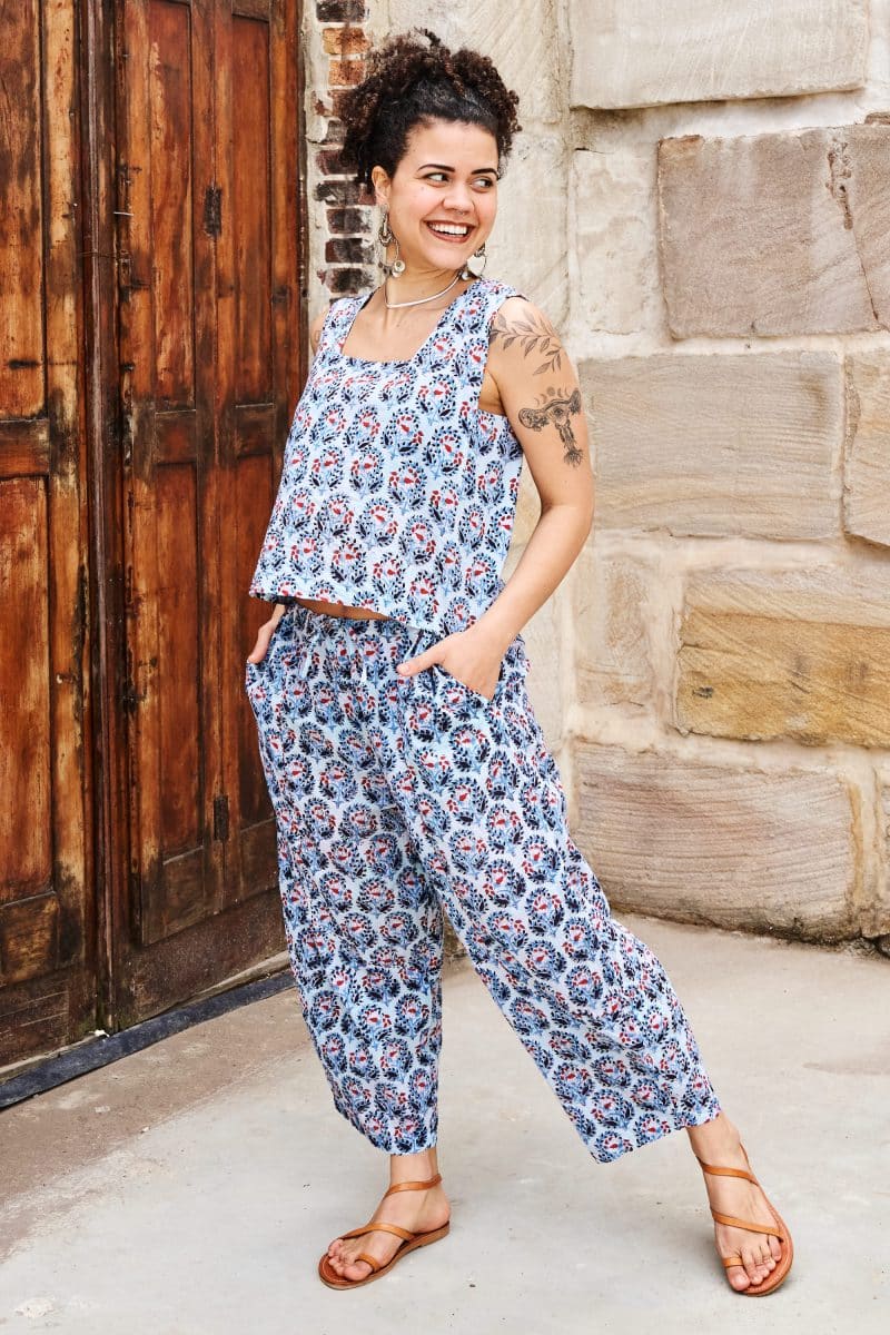 Womens Tops & Pants, 100% Cotton, Hand Block Print, Summer. Lola top & Sol Pants in saphire blue with a pop of red - Saphira