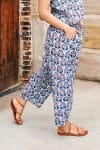 Womens Pants, 100% Cotton, Hand Block Print, Summer. Sol Pants in saphire blue with a pop of red - Saphira