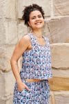 Womens Tops & Pants, 100% Cotton, Hand Block Print, Summer. Lola top & Sol Pants in saphire blue with a pop of red - Saphira