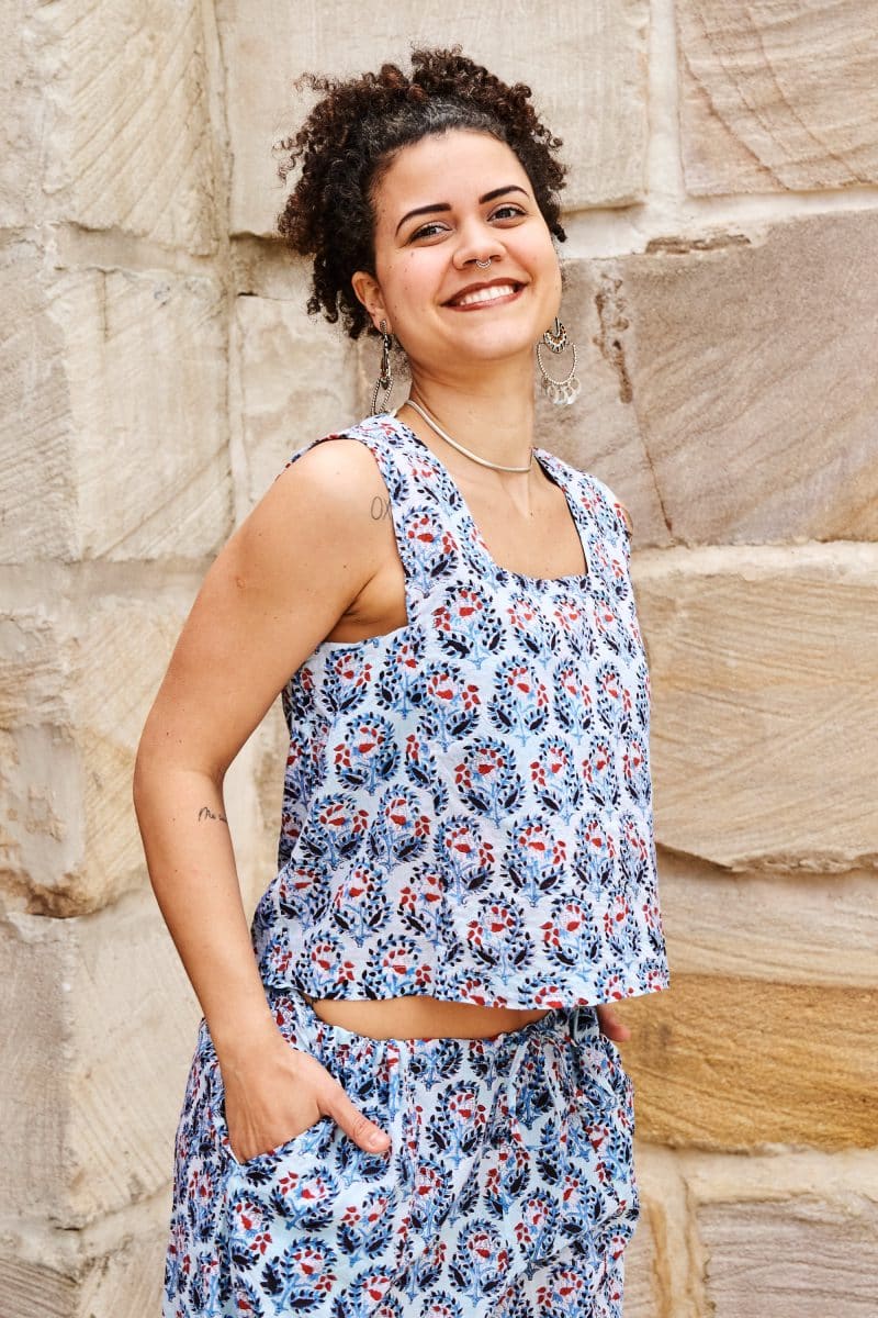 Womens Tops & Pants, 100% Cotton, Hand Block Print, Summer. Lola top & Sol Pants in saphire blue with a pop of red - Saphira