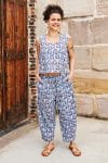 Womens Tops & Pants, 100% Cotton, Hand Block Print, Summer. Lola top & Sol Pants in saphire blue with a pop of red - Saphira