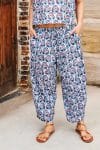 Womens Pants, 100% Cotton, Hand Block Print, Summer. Sol Pants in saphire blue with a pop of red - Saphira