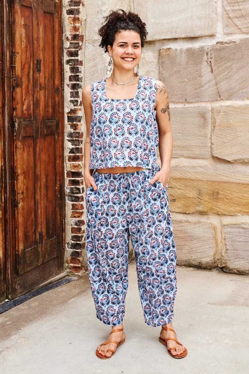 Womens Tops & Pants, 100% Cotton, Hand Block Print, Summer. Lola top & Sol Pants in saphire blue with a pop of red - Saphira