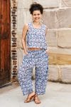 Womens Tops & Pants, 100% Cotton, Hand Block Print, Summer. Lola top & Sol Pants in saphire blue with a pop of red - Saphira