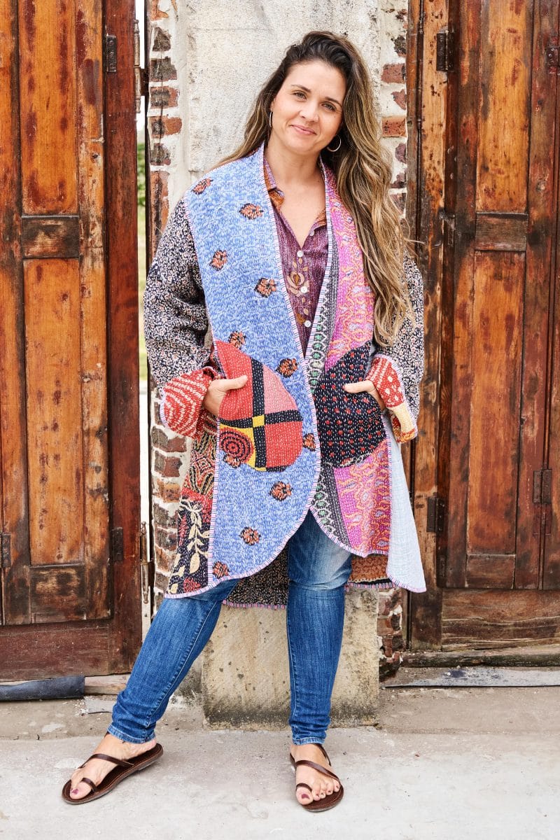 Womens, Tundra Kantha Duster, reversible, handmade from 100% cotton recycled Vintage fabrics, in vibrant tones - Miraki