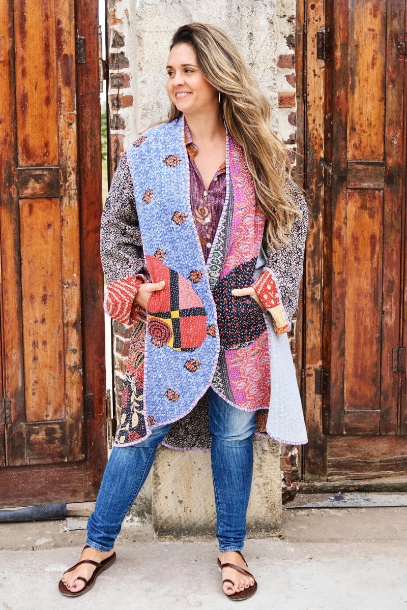 Womens, Tundra Kantha Duster, reversible, handmade from 100% cotton recycled Vintage fabrics, in vibrant tones - Miraki