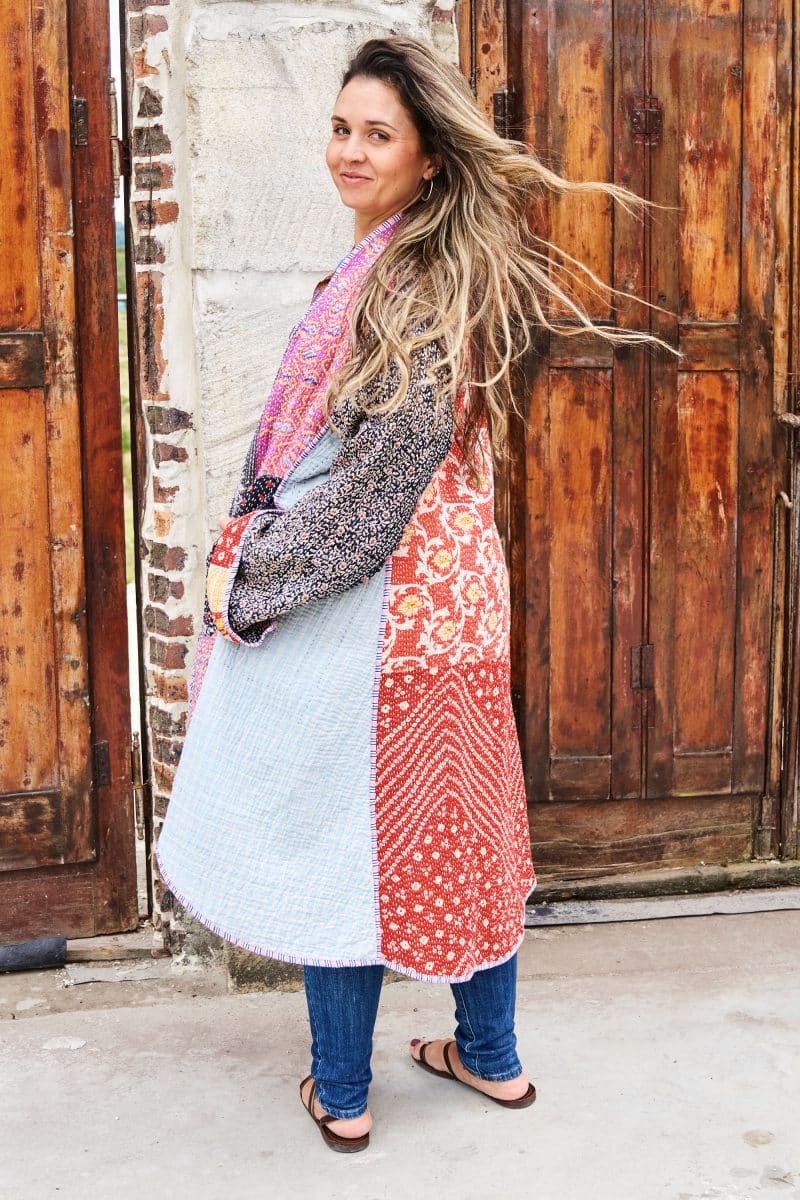 Womens, Tundra Kantha Duster, reversible, handmade from 100% cotton recycled Vintage fabrics, in vibrant tones - Miraki