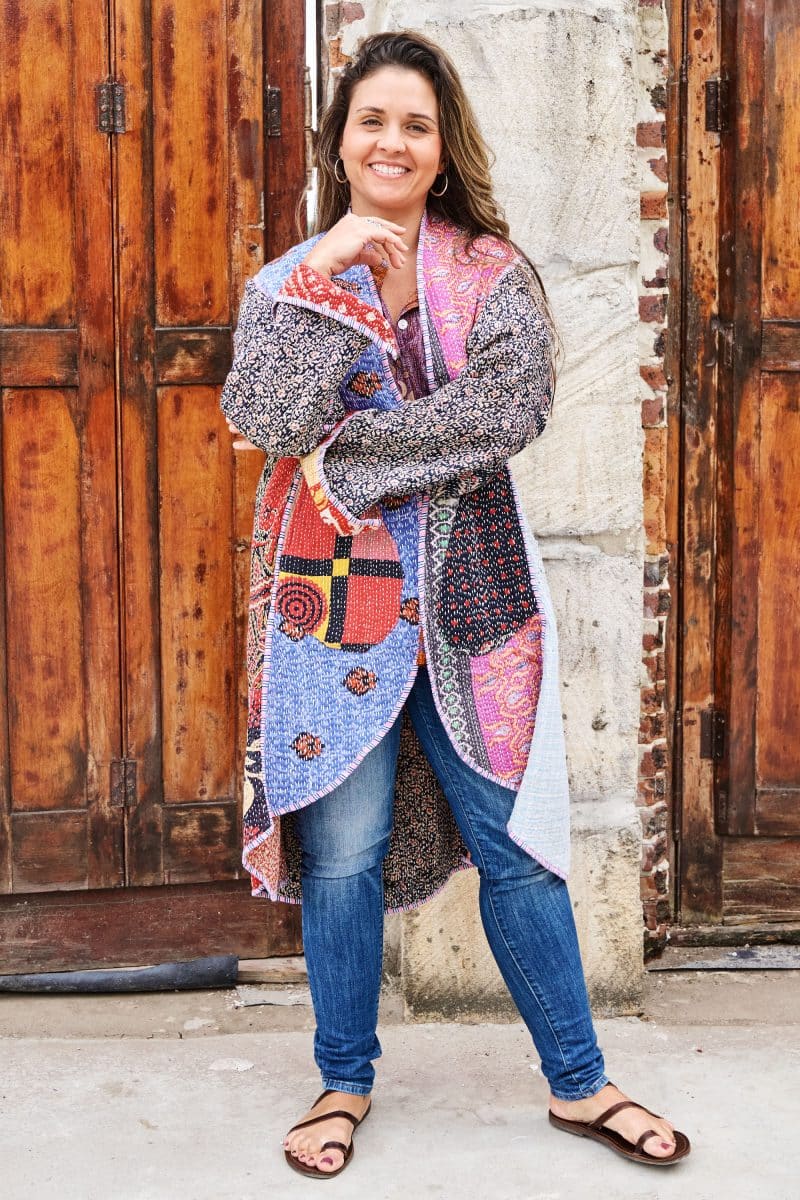 Womens, Tundra Kantha Duster, reversible, handmade from 100% cotton recycled Vintage fabrics, in vibrant tones - Miraki
