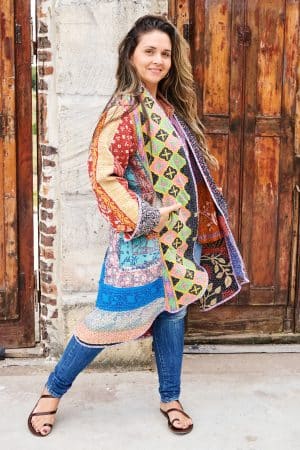 Womens, Tundra Kantha Duster, reversible, handmade from 100% cotton recycled Vintage fabrics, in vibrant tones - Miraki
