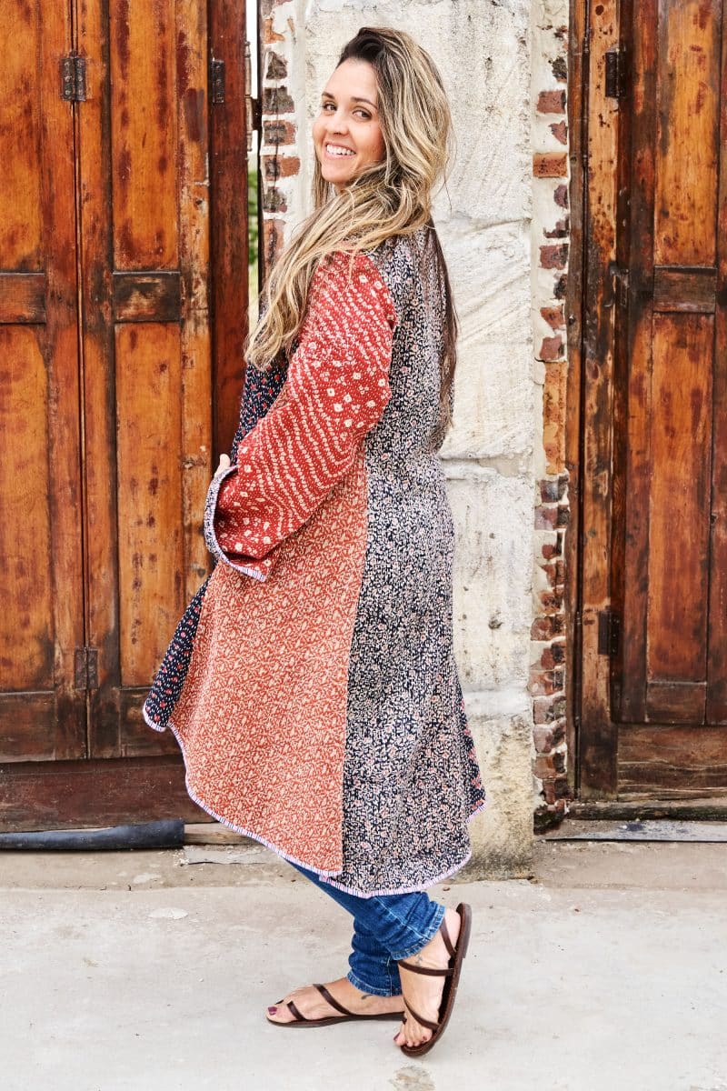 Womens, Tundra Kantha Duster, reversible, handmade from 100% cotton recycled Vintage fabrics, in vibrant tones - Miraki