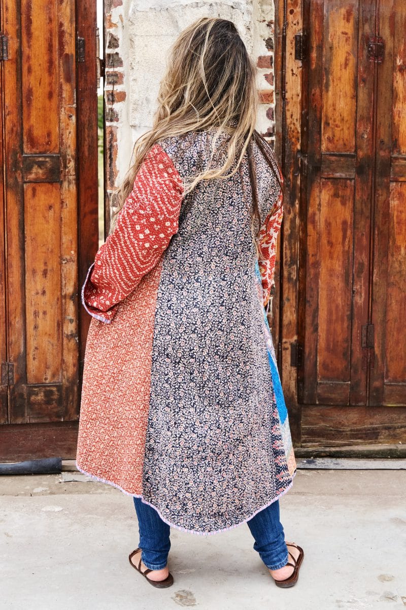 Womens, Tundra Kantha Duster, reversible, handmade from 100% cotton recycled Vintage fabrics, in vibrant tones - Miraki