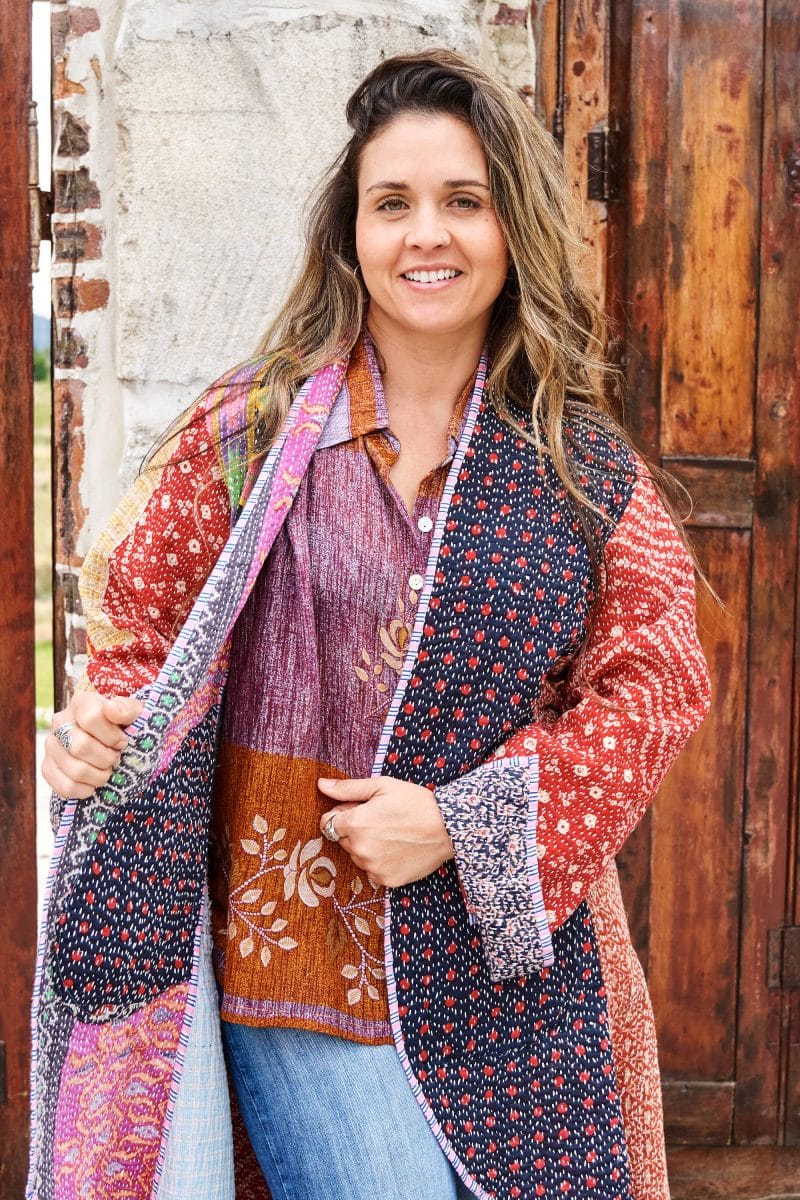 Womens, Tundra Kantha Duster, reversible, handmade from 100% cotton recycled Vintage fabrics, in vibrant tones - Miraki
