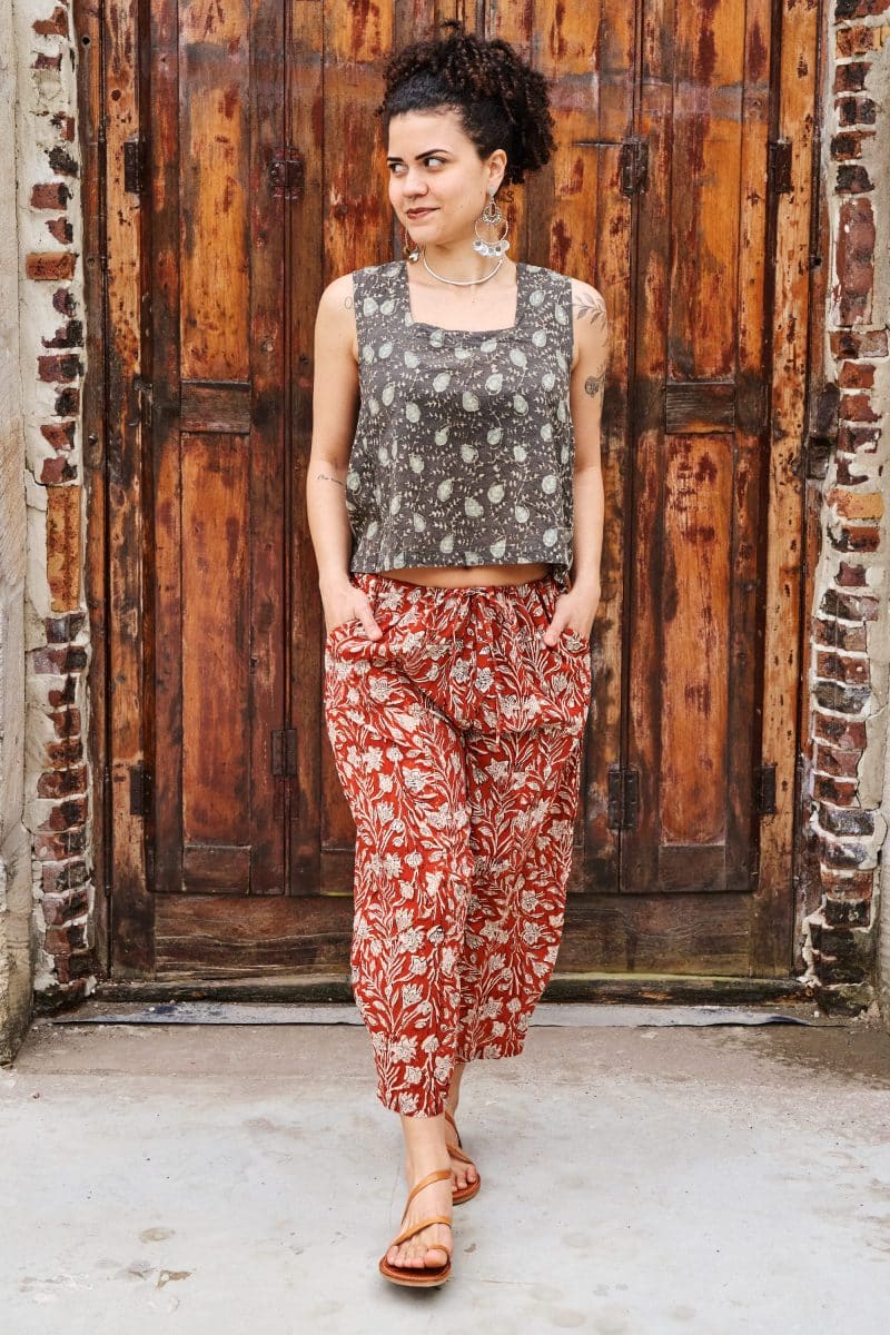 Womens, Sol Pant, Lola Top, 100% cotton, hand block print, hand stitched, in natural red Rubira, and natural dyed Kassis Raga