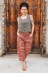 Womens, Sol Pant, Lola Top, 100% cotton, hand block print, hand stitched, in natural red Rubira, and natural dyed Kassis Raga