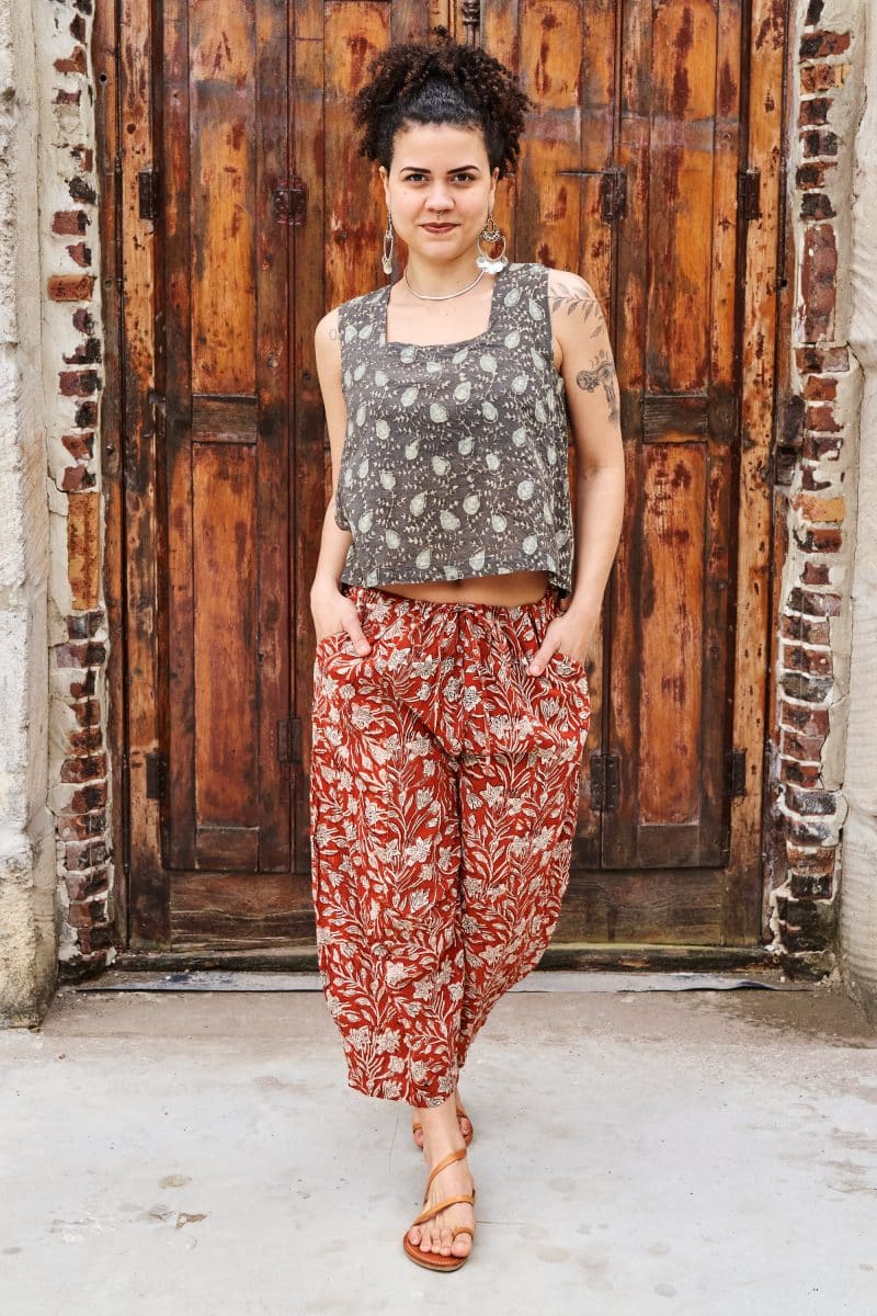 Womens, Sol Pant, Lola Top, 100% cotton, hand block print, hand stitched, in natural red Rubira, and natural dyed Kassis Raga