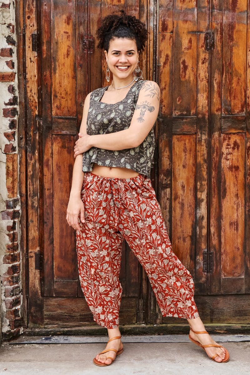 Womens, Sol Pant, Lola Top, 100% cotton, hand block print, hand stitched, in natural red Rubira, and natural dyed Kassis Raga