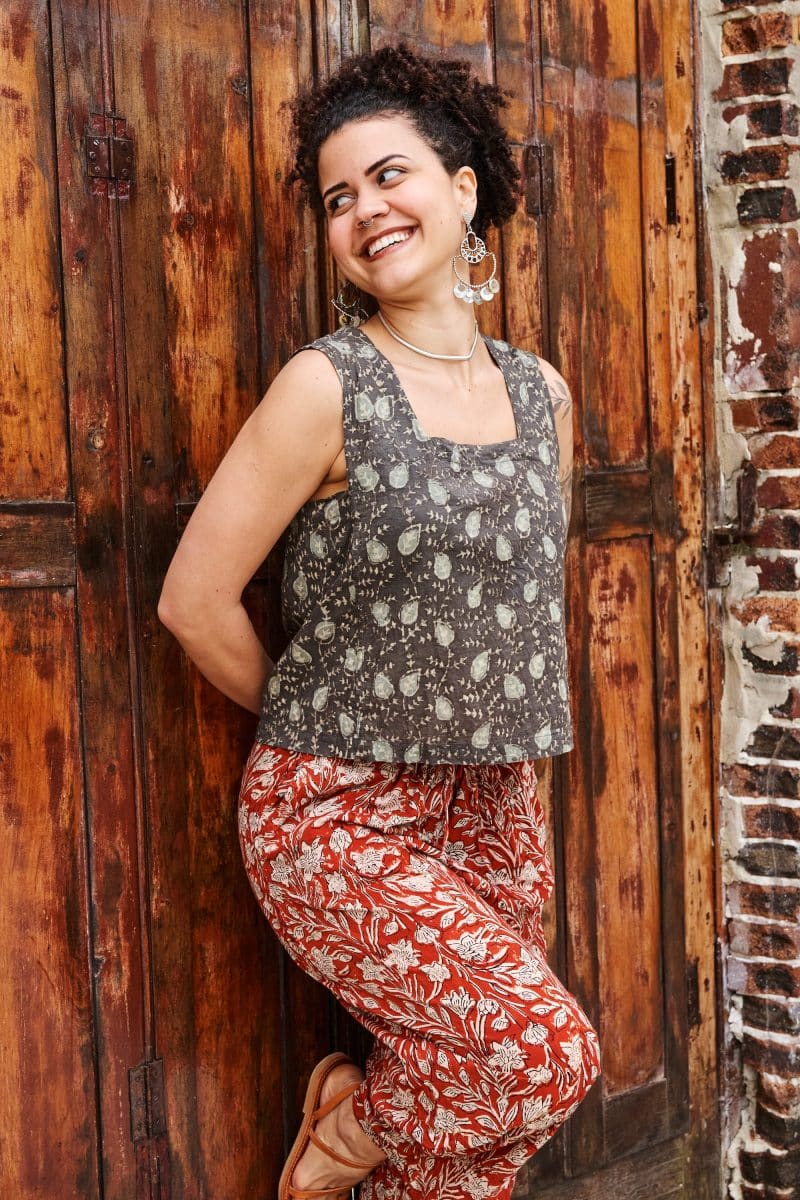 Womens, Sol Pant, Lola Top, 100% cotton, hand block print, hand stitched, in natural red Rubira, and natural dyed Kassis Raga