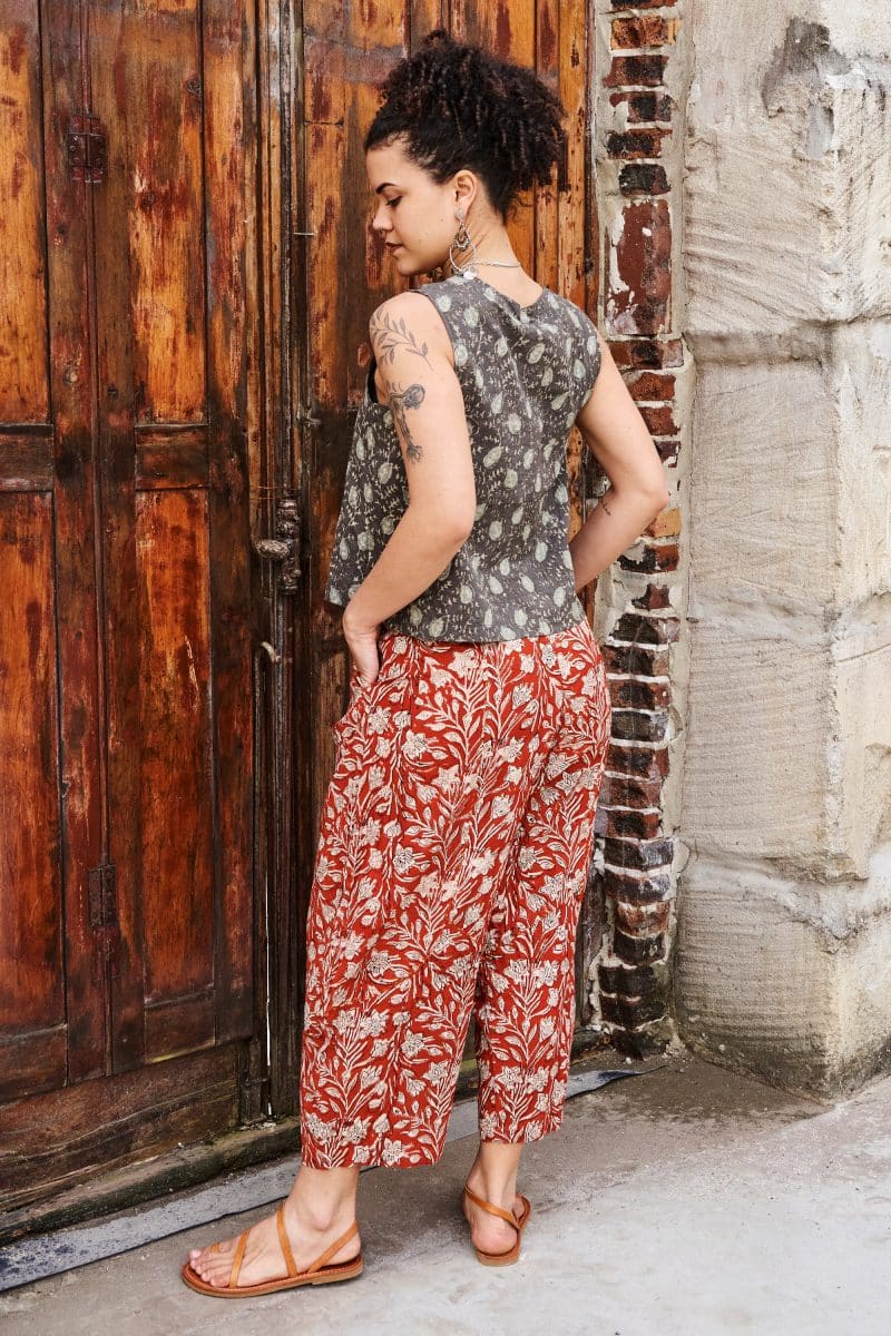 Womens, Sol Pant, Lola Top, 100% cotton, hand block print, hand stitched, in natural red Rubira, and natural dyed Kassis Raga