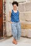 Womens Tops & Pants, 100% Cotton, Hand Block Print, Summer. Vayana top in natural blue - Indigo Lila & Sol Pants - Indigo Kavari.
