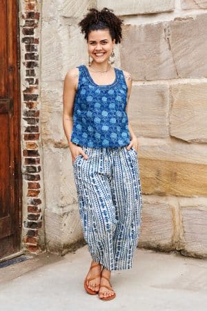 Womens Tops & Pants, 100% Cotton, Hand Block Print, Summer. Vayana top in natural blue - Indigo Lila & Sol Pants - Indigo Kavari.