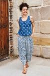Womens Tops & Pants, 100% Cotton, Hand Block Print, Summer. Vayana top in natural blue - Indigo Lila & Sol Pants - Indigo Kavari.