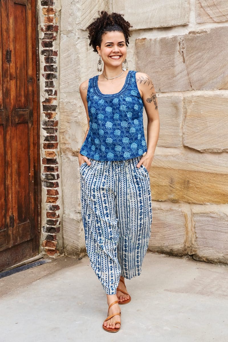 Womens Tops & Pants, 100% Cotton, Hand Block Print, Summer. Vayana top in natural blue - Indigo Lila & Sol Pants - Indigo Kavari.