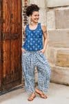 Womens Tops & Pants, 100% Cotton, Hand Block Print, Summer. Vayana top in natural blue - Indigo Lila & Sol Pants - Indigo Kavari.