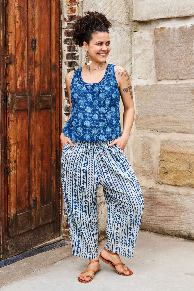 Womens Tops & Pants, 100% Cotton, Hand Block Print, Summer. Vayana top in natural blue - Indigo Lila & Sol Pants - Indigo Kavari.