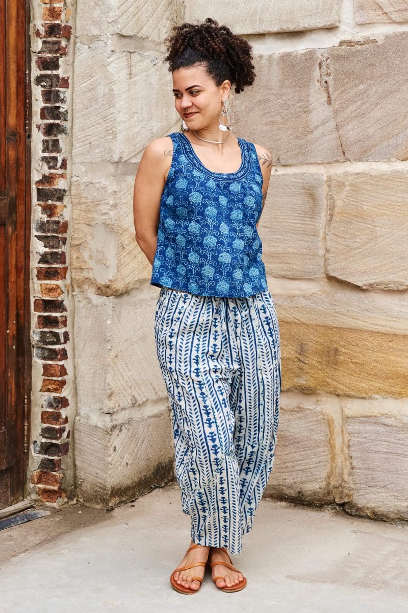 Womens Tops & Pants, 100% Cotton, Hand Block Print, Summer. Vayana top in natural blue - Indigo Lila & Sol Pants - Indigo Kavari.
