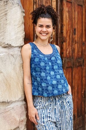 Womens Tops, 100% Cotton, Hand Block Print, Summer. Vayana top in natural blue - Indigo Lila