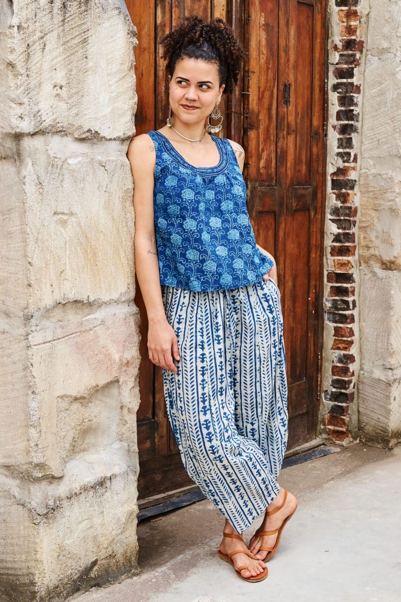 Womens Tops & Pants, 100% Cotton, Hand Block Print, Summer. Vayana top in natural blue - Indigo Lila & Sol Pants - Indigo Kavari.