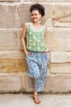 Womens Tops & Pants, 100% Cotton, Hand Block Print, Summer. Vayana top - Evergreen & Sol Pants - Indigo Kavari.