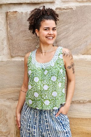 Womens Tops, 100% Cotton, Hand Block Print, Summer. Vayana top in Evergreen